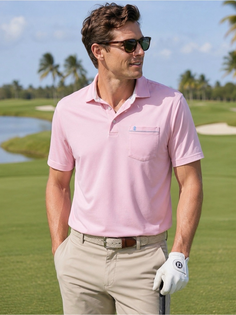 IZOD Saltwater Pink Performance Polo Shirt Men’s Medium Coastal Golf Preppy
